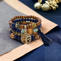Bracelet Fantaisie 4 Rang Bleu et Bois